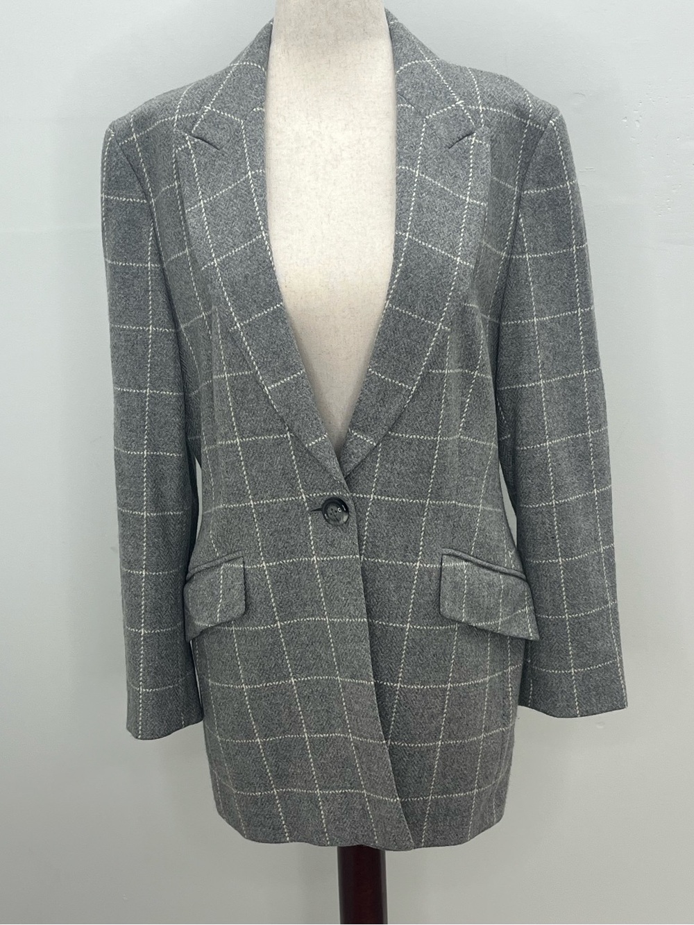 Escada Margaretha Ley Gray White Windowpane Plaid 100% Cashmere Blazer Jacket 40